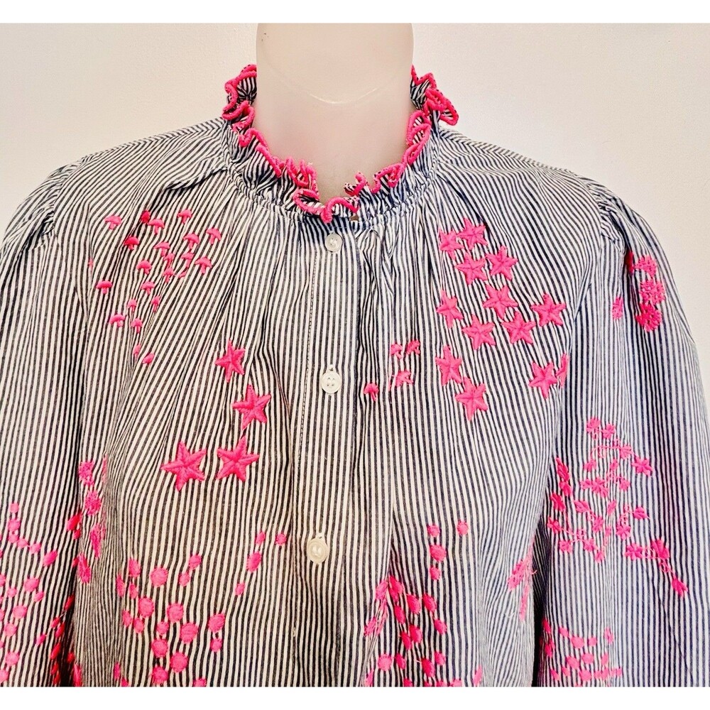 VILAGALLO Aurora embroidered Blouse in stripe pink embroidery Sz S Blue White - Picture 6 of 10